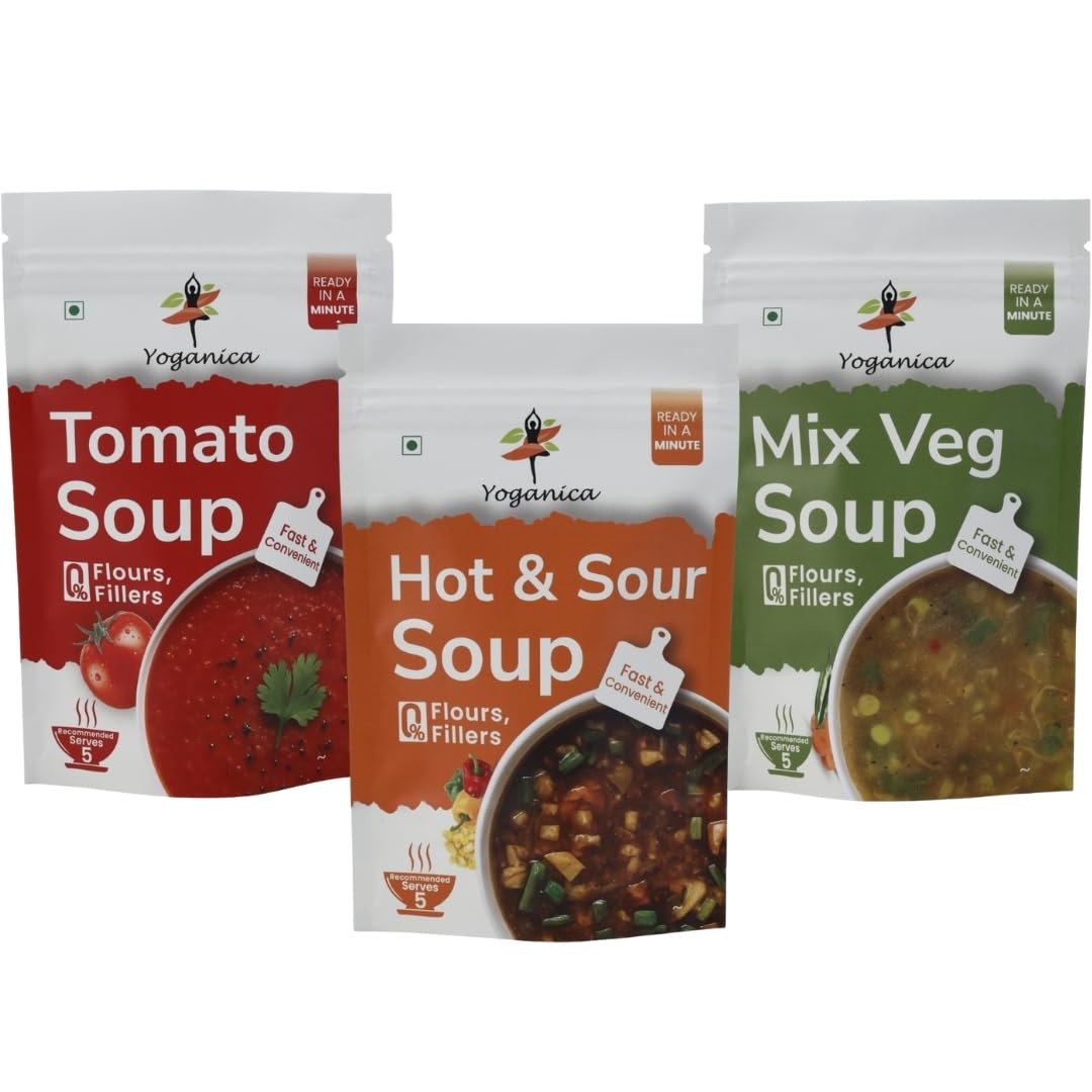 Instant Hot Veg Soup Combo | Tomato, Hot & Sour & Mix Veg | 50g x 3 (15 Servings) | Ready in 1 Minute | Light, Low-Calorie All-Season Comfort Soup