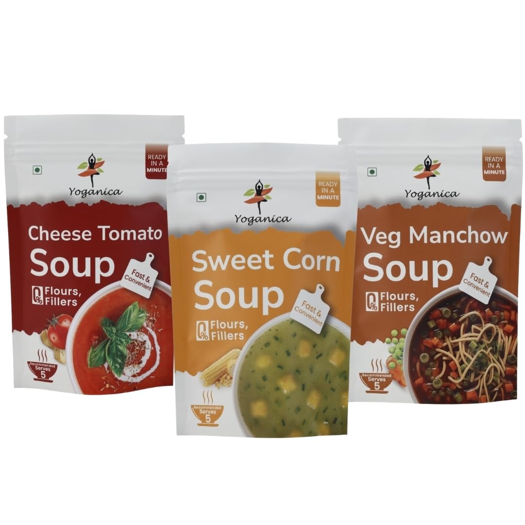 Instant Hot Veg Soup Combo | 3 Flavours – Cheese Tomato, Sweet Corn & Veg Manchow | 50g x 3 (15 Servings) | Ready to Mix | Quick & Comforting Hot Snack for Home & Office